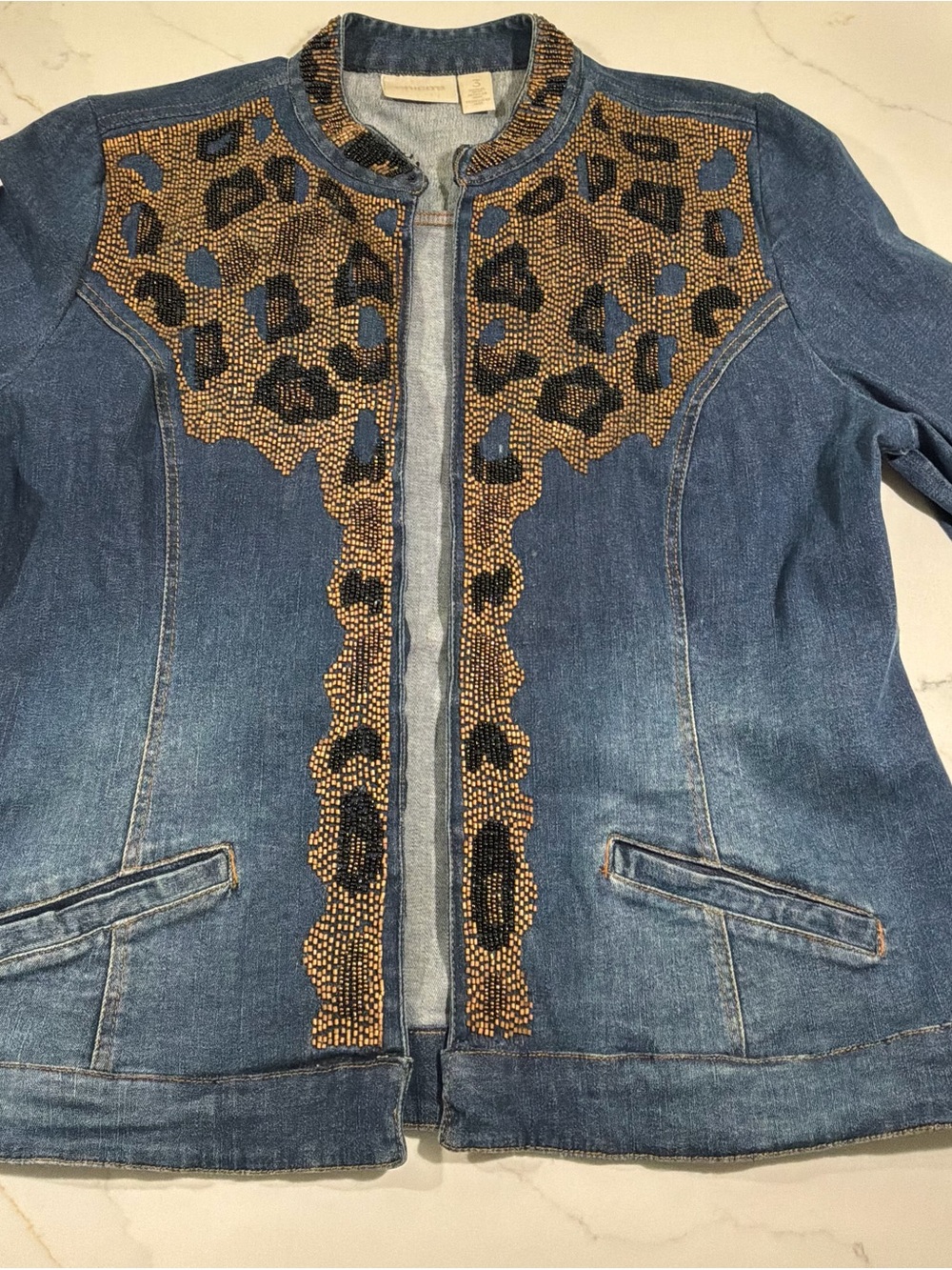 Chico's Blue Denim Jacket with Gold & Black Beaded Leopard Motif